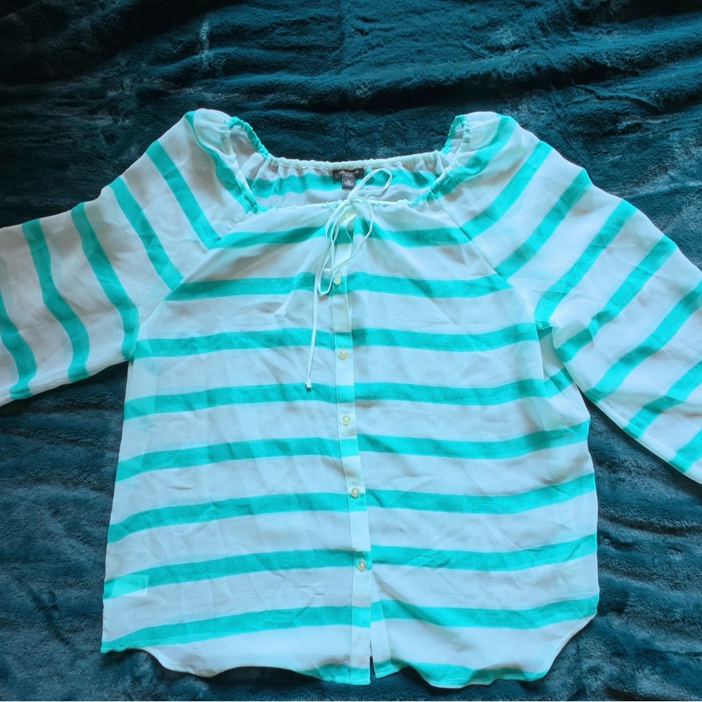 Ann Taylor Turquoise and White Striped Blouse